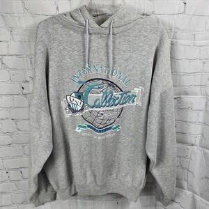 Vintage‎ 90s Hoodie WORN Brand Gray Graphic Print Sweatshirt Large